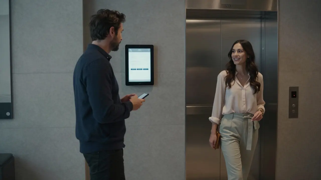 A professional meeting in a Milan apartment lobby, with digital booking confirmation visible, both figures maintaining respectful distance.