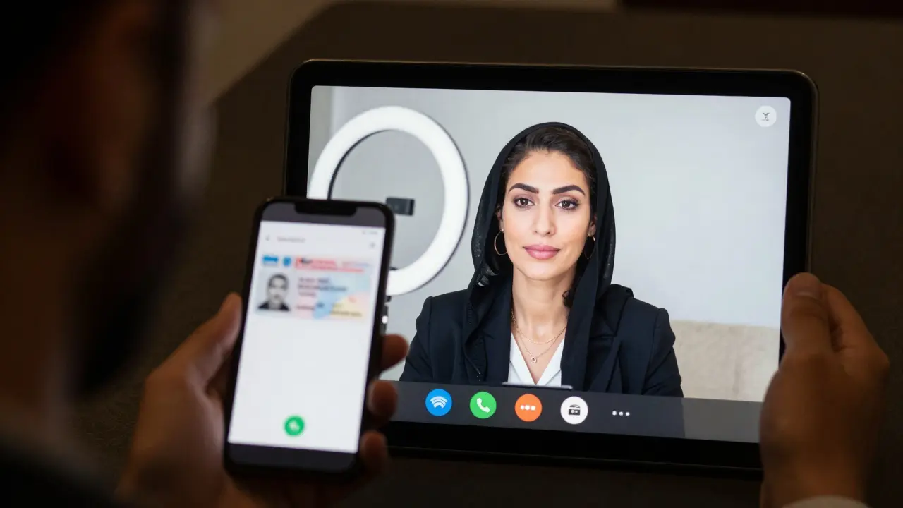 A professional woman verifying her identity during a secure video call.