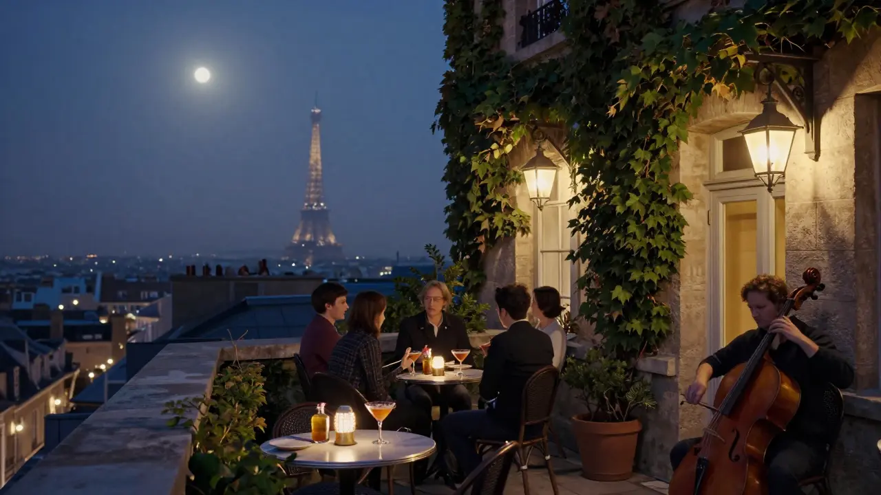 A quiet rooftop terrace at night with ivy, lanterns, and a cellist playing under a misty Paris sky.