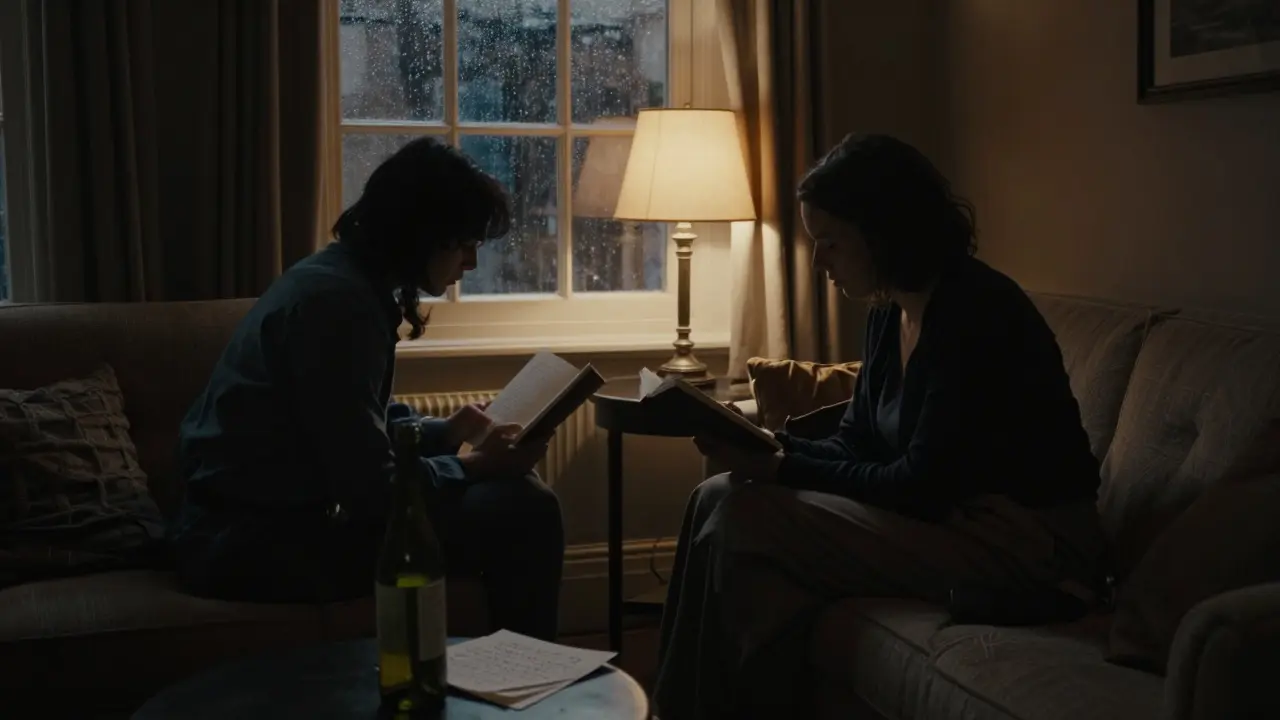 A romantic, rain-soaked evening in a Notting Hill hotel room, one person reading aloud by lamplight.