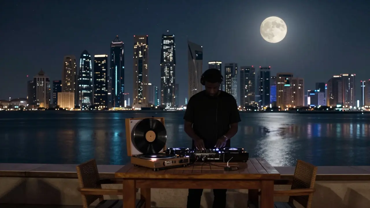 A secluded rooftop under a full moon with a vinyl record playing, city lights glowing in the distance.