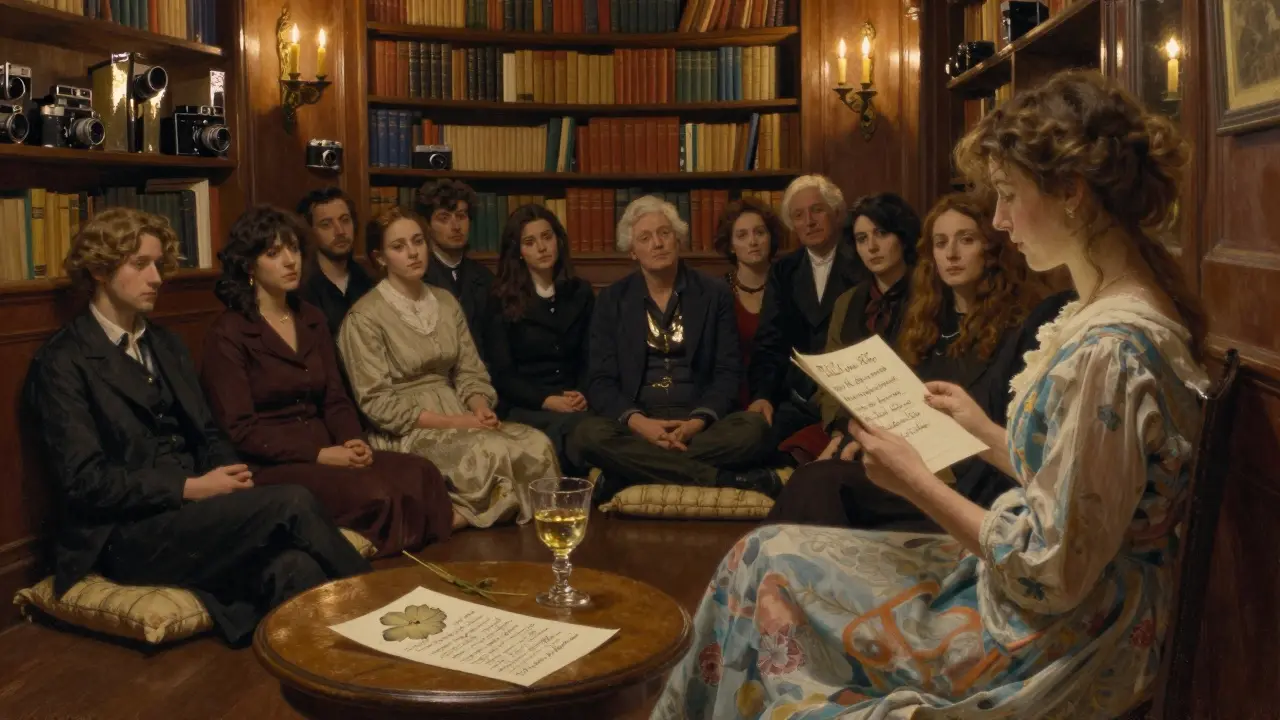 A secret salon where a woman recites poetry to a silent audience surrounded by books and candles.