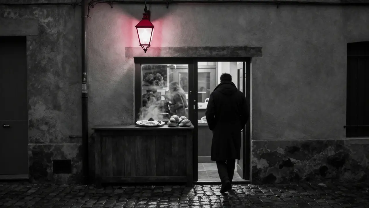 A single red lantern above a hidden doorway at dawn, steam rising from food inside.