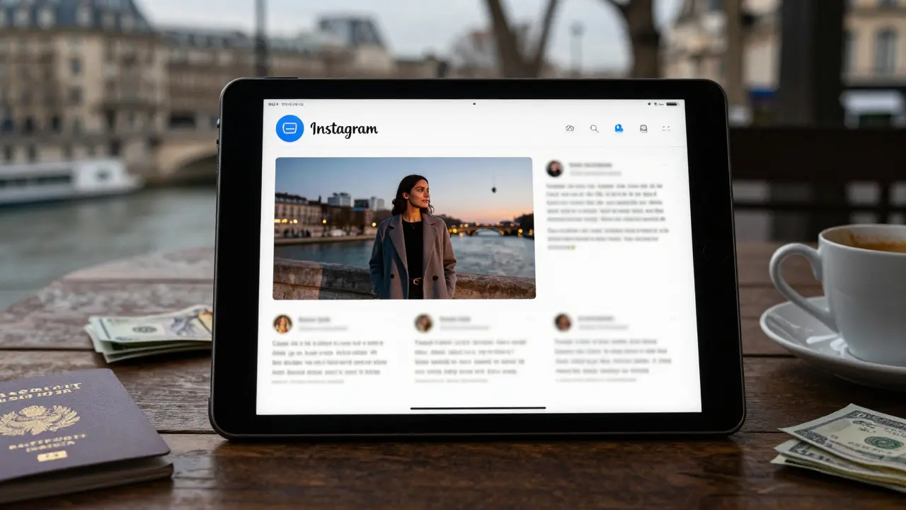 A tablet displaying a private Instagram escort profile with authentic reviews, beside a passport and cash on a wooden table.