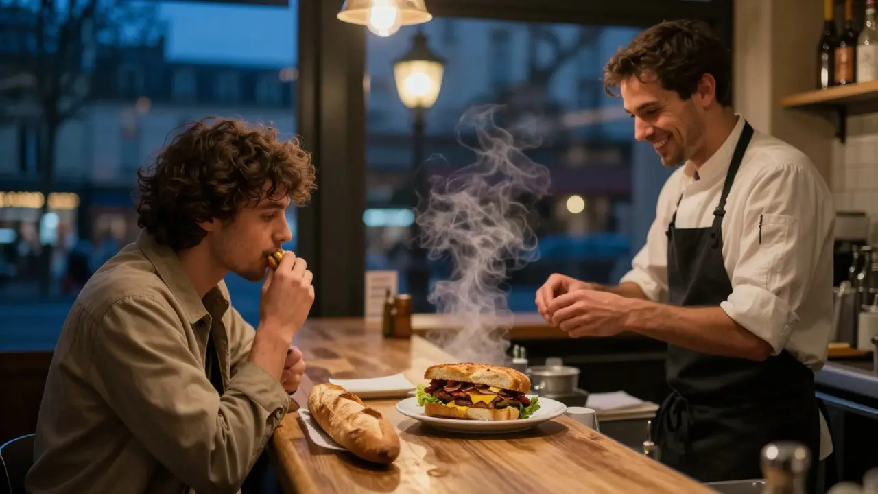 A traveler eats at a 24-hour bistro at midnight, city lights glowing behind them through the window.