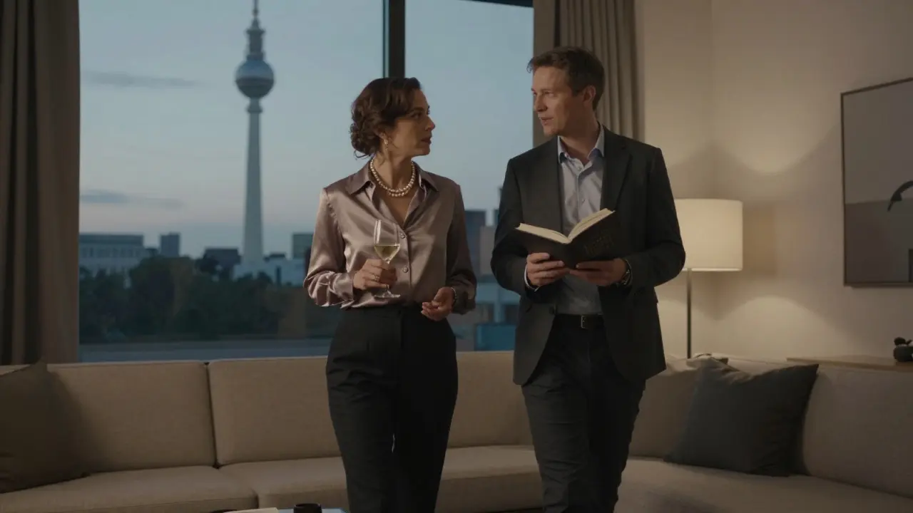 A woman and man converse in a luxury hotel suite, discussing art and architecture, wine glasses in hand, Berlin skyline visible through the window.