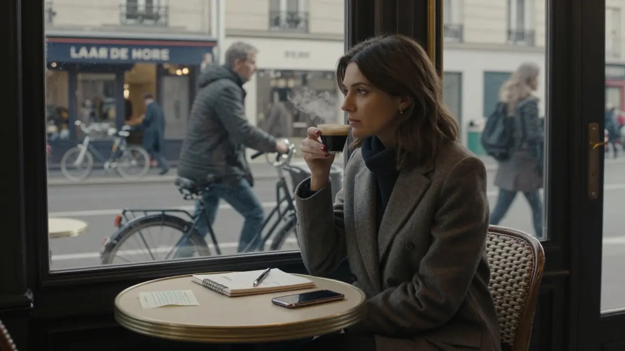 A woman sips espresso alone at Café de Flore at dawn, observing Paris wake up outside the window.