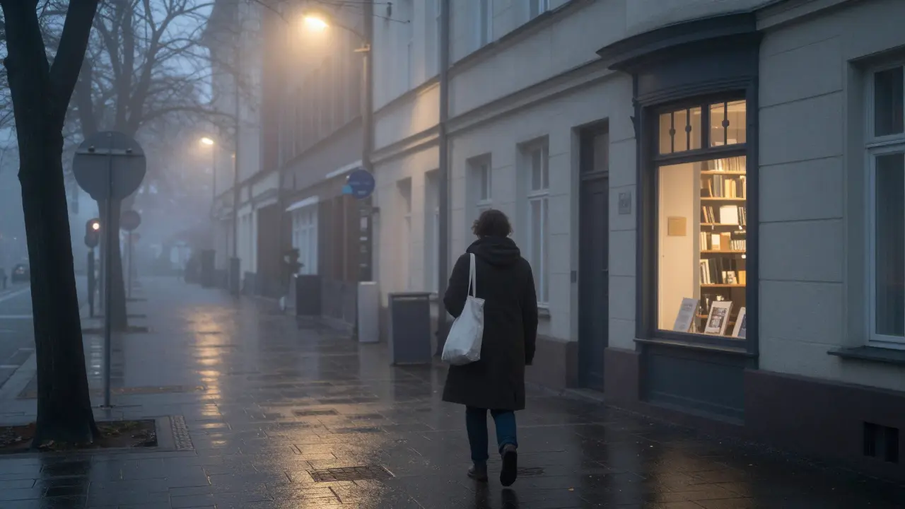 A woman walks alone through misty Berlin streets at dawn, coat trailing slightly, passing under flickering streetlights near an open bookstore.