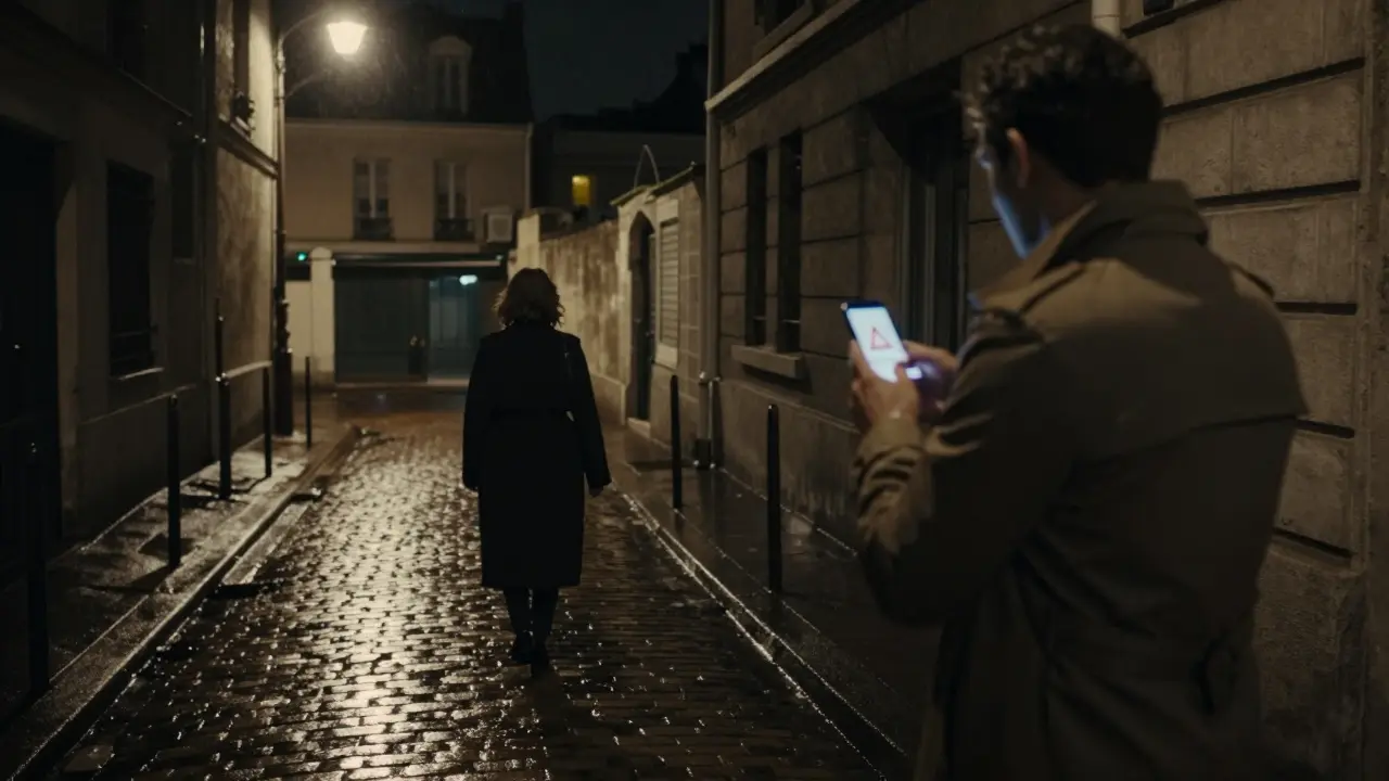 A woman walks away in a rainy Paris alley at night while a man hesitates, holding a phone with a warning symbol.