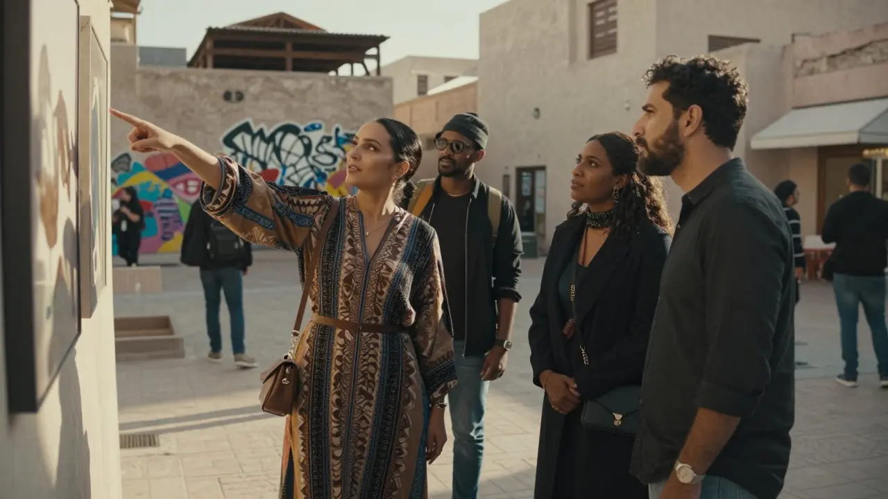 An escort and client viewing contemporary art in Alserkal Avenue, surrounded by urban street art.