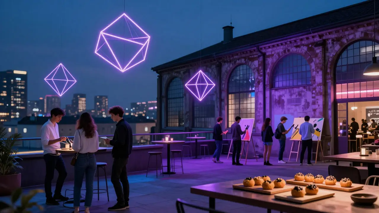 An immersive underground club with light installations and live painters under a midnight sky.