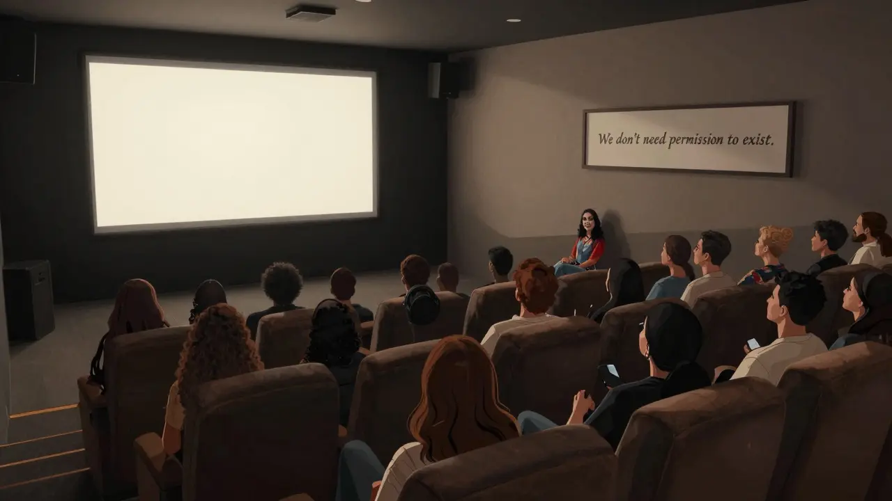 An intimate audience watching a film in a private cinema, no phones or cameras, quiet and respectful atmosphere.