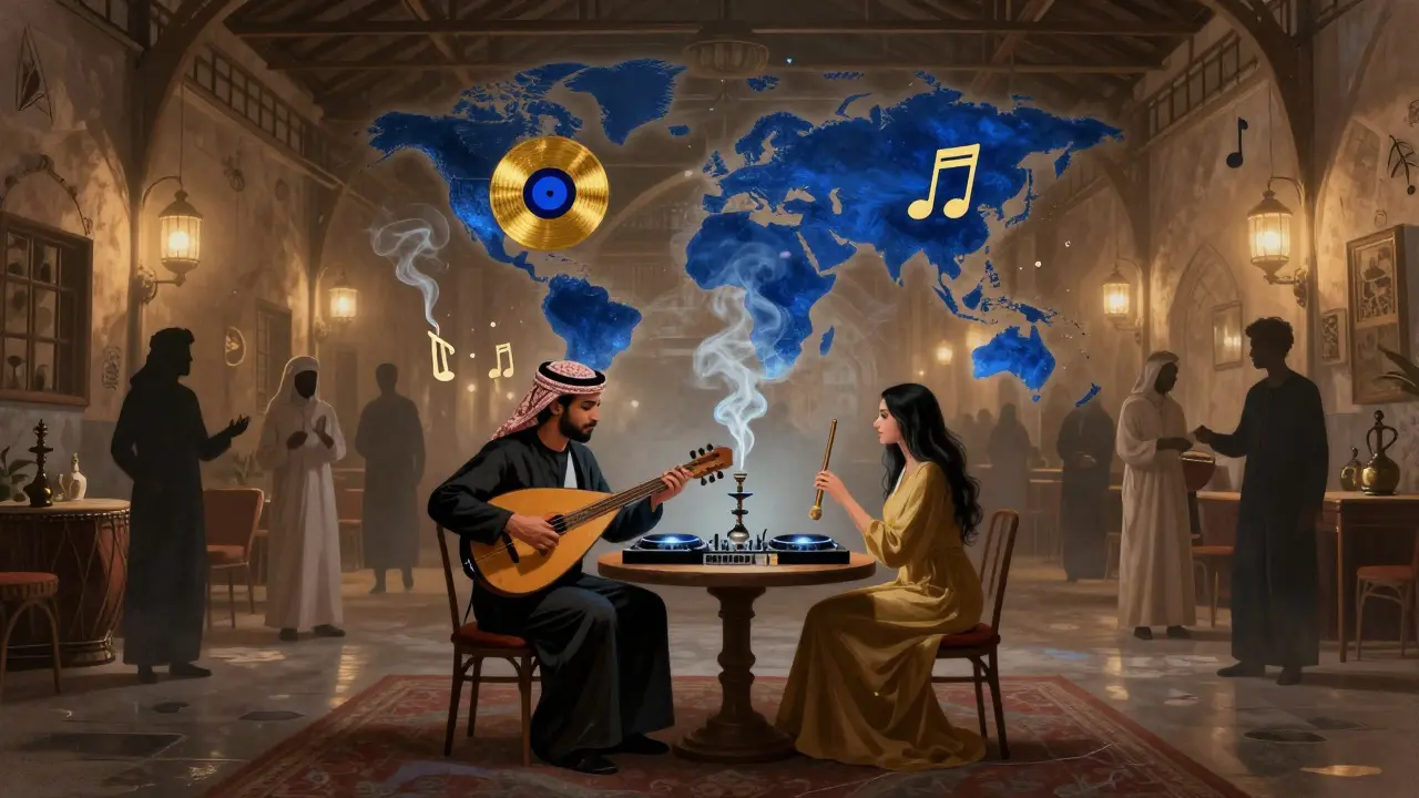 An oud player and DJ share a table as global music symbols float in the air, symbolizing Dubai’s cultural fusion.