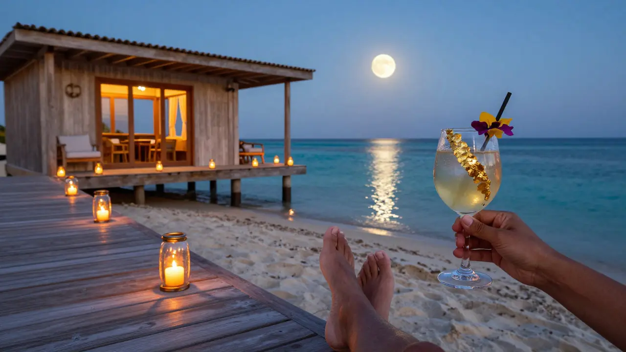 Beachside deck at night with lanterns, moonlight on water, and a person sitting with a glowing cocktail.