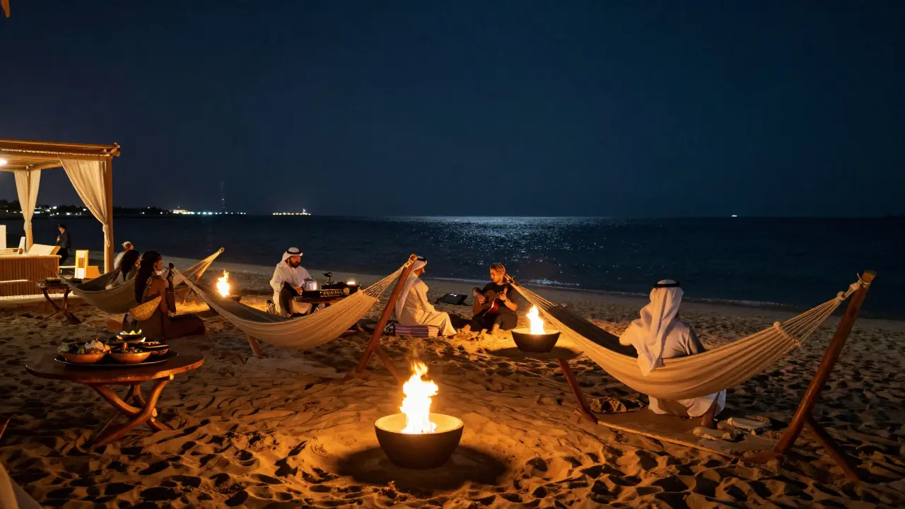 Beachside lounge with fire pits, hammocks, and ocean under stars, quiet and serene at night.