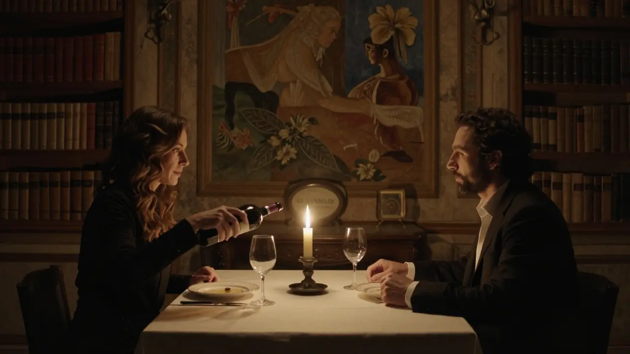 Candlelit dinner in an ancient palazzo, two silhouettes sharing wine, no faces shown, warm ambient light.