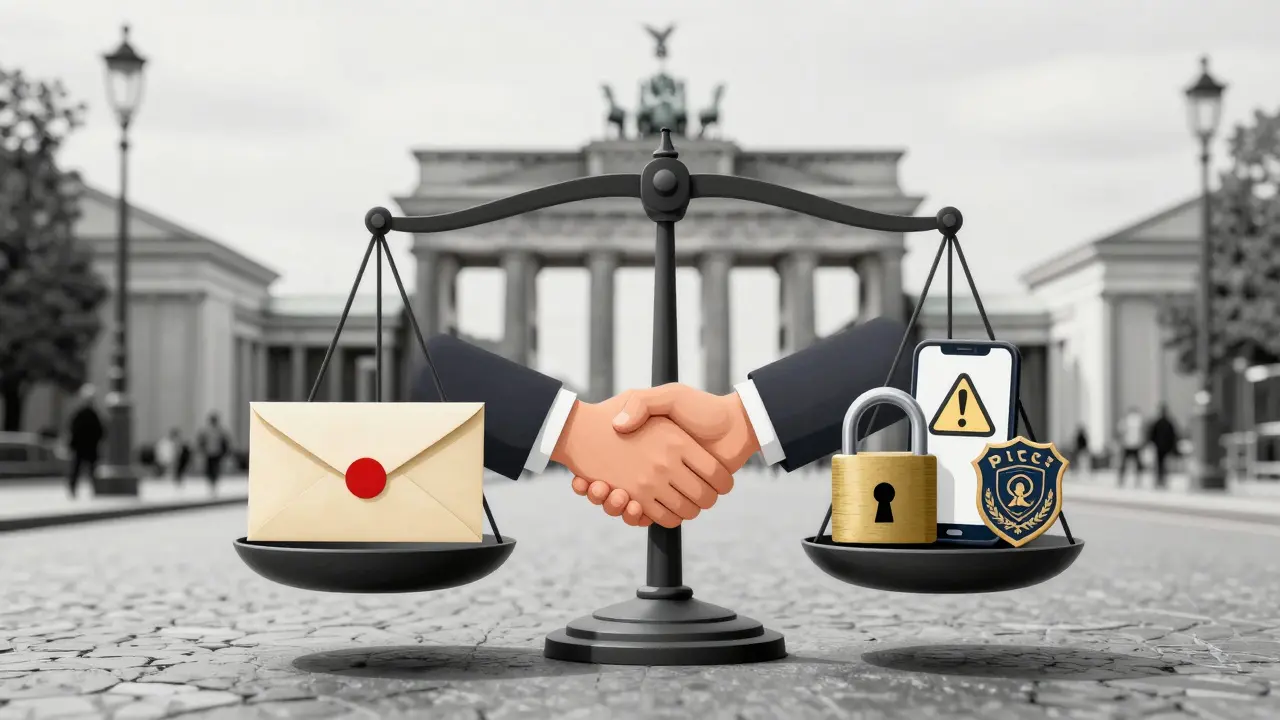 Conceptual scale balancing safe escort meeting symbols against danger signs in Berlin.