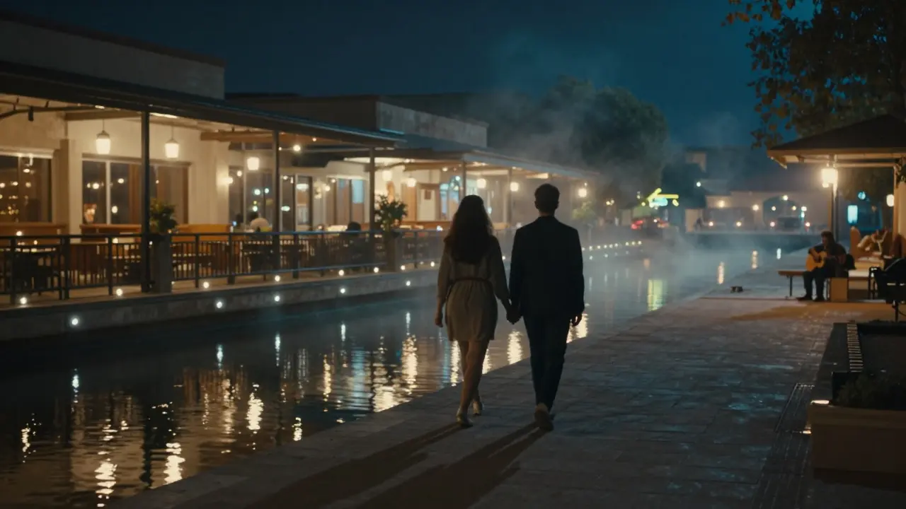 Couple walking along Al Qana canal at night, twinkling lights reflecting on water.