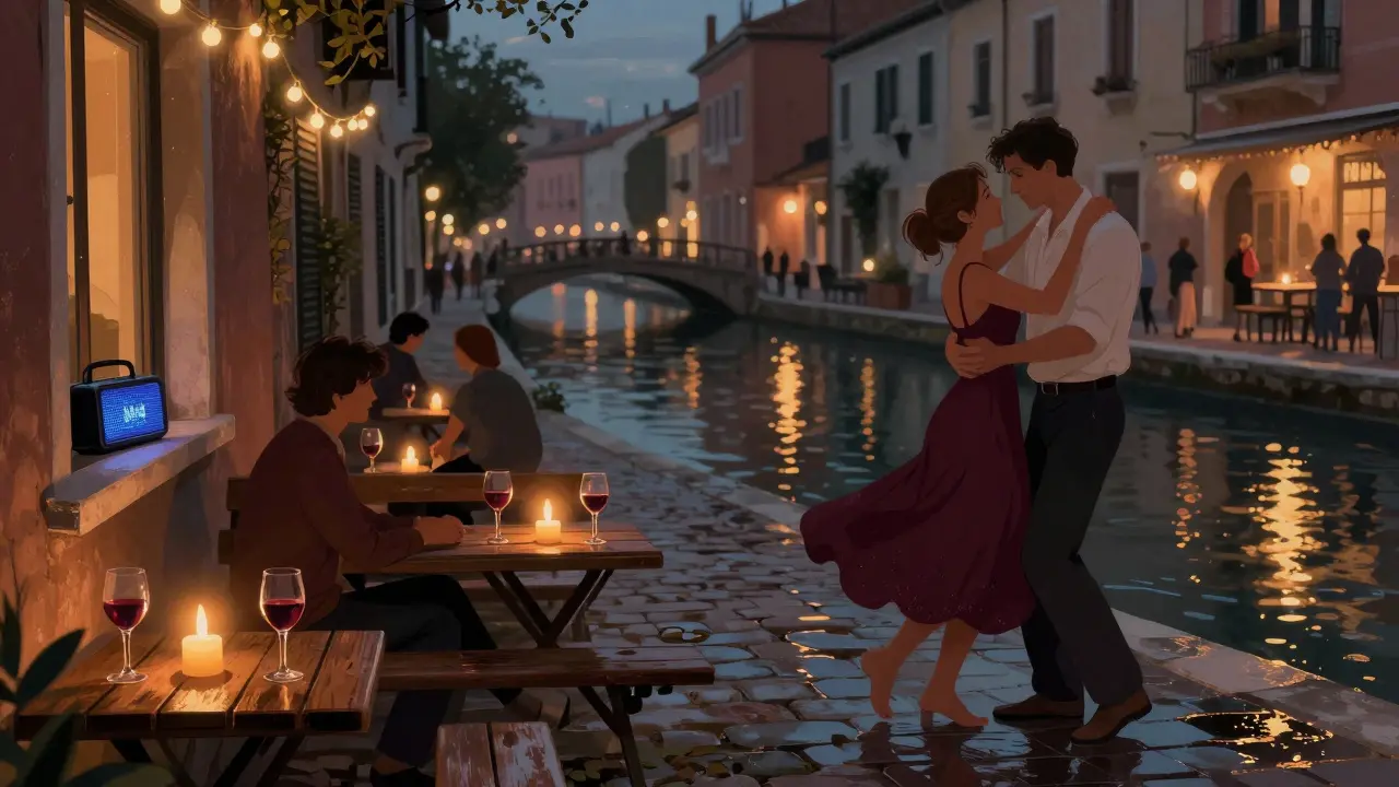 Couples dance barefoot by the Navigli canal under string lights, sipping wine at midnight.