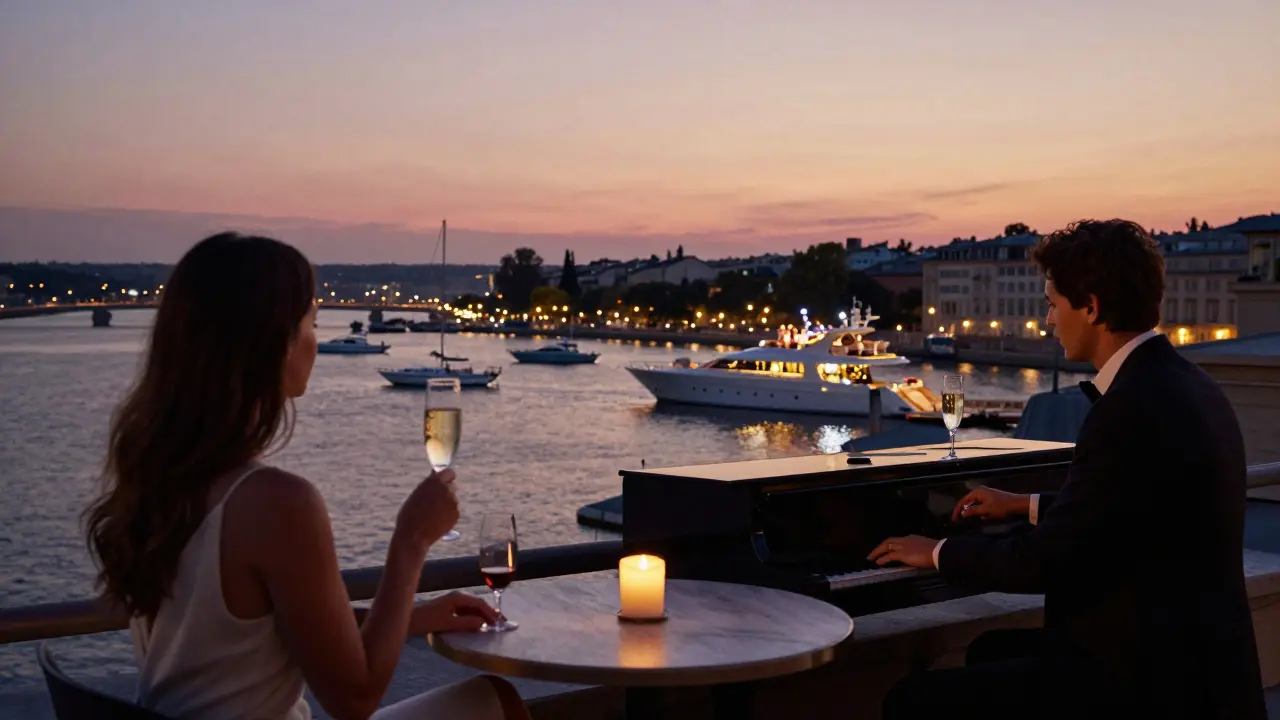 Couples enjoying champagne on Hôtel de Paris rooftop as yachts glow in the harbor below at twilight.
