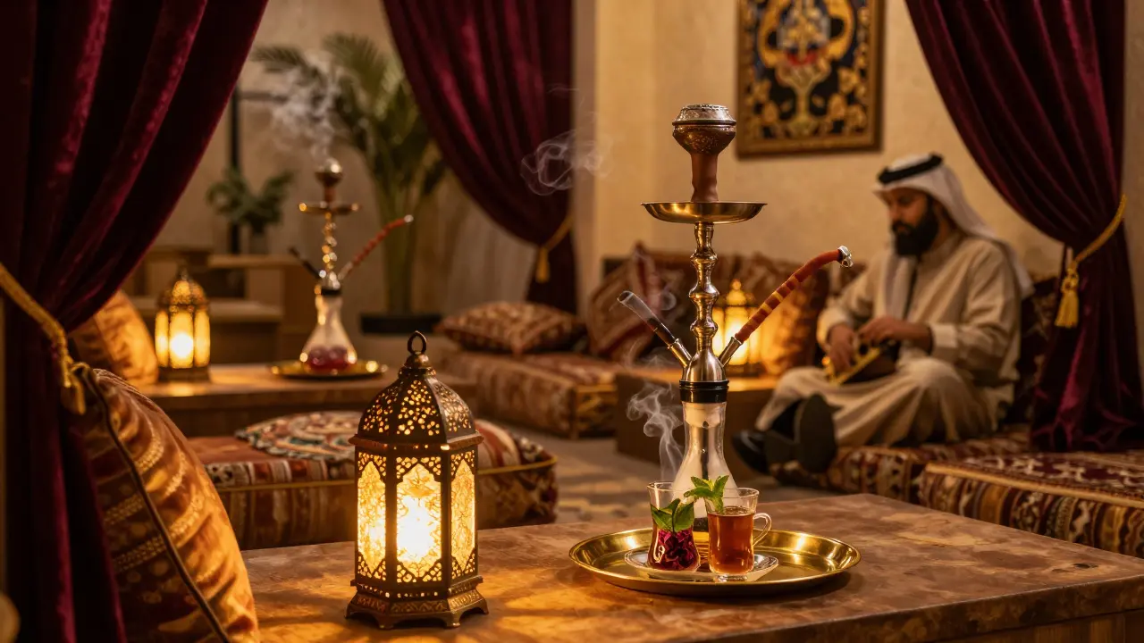Cozy shisha lounge with lantern light and smoke curling around low cushions.