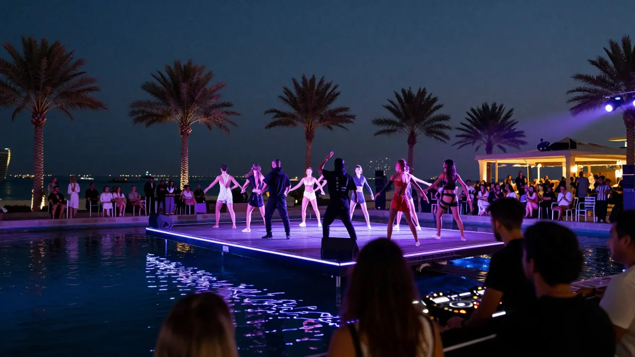 Dancers on a floating stage over the marina at a vibrant night club.
