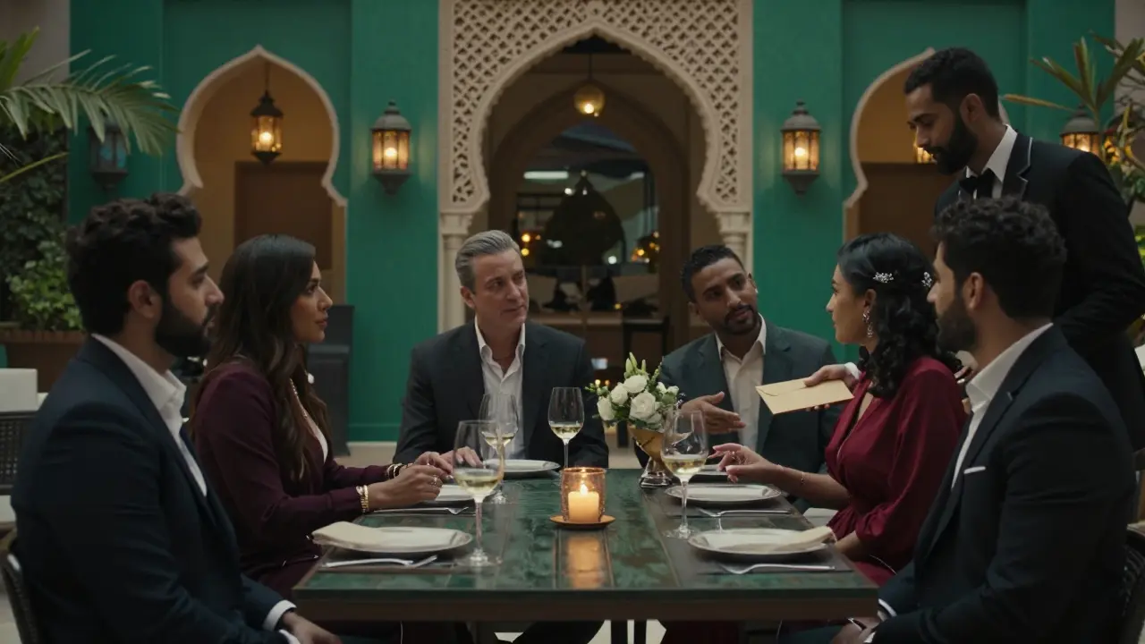 Discreetly dressed individuals converse quietly in a private Dubai club garden, candlelight casting soft shadows.