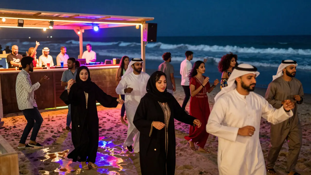 Diverse crowd dancing at a beachfront club under colorful lights, blending Arabic, Bollywood, and house music.
