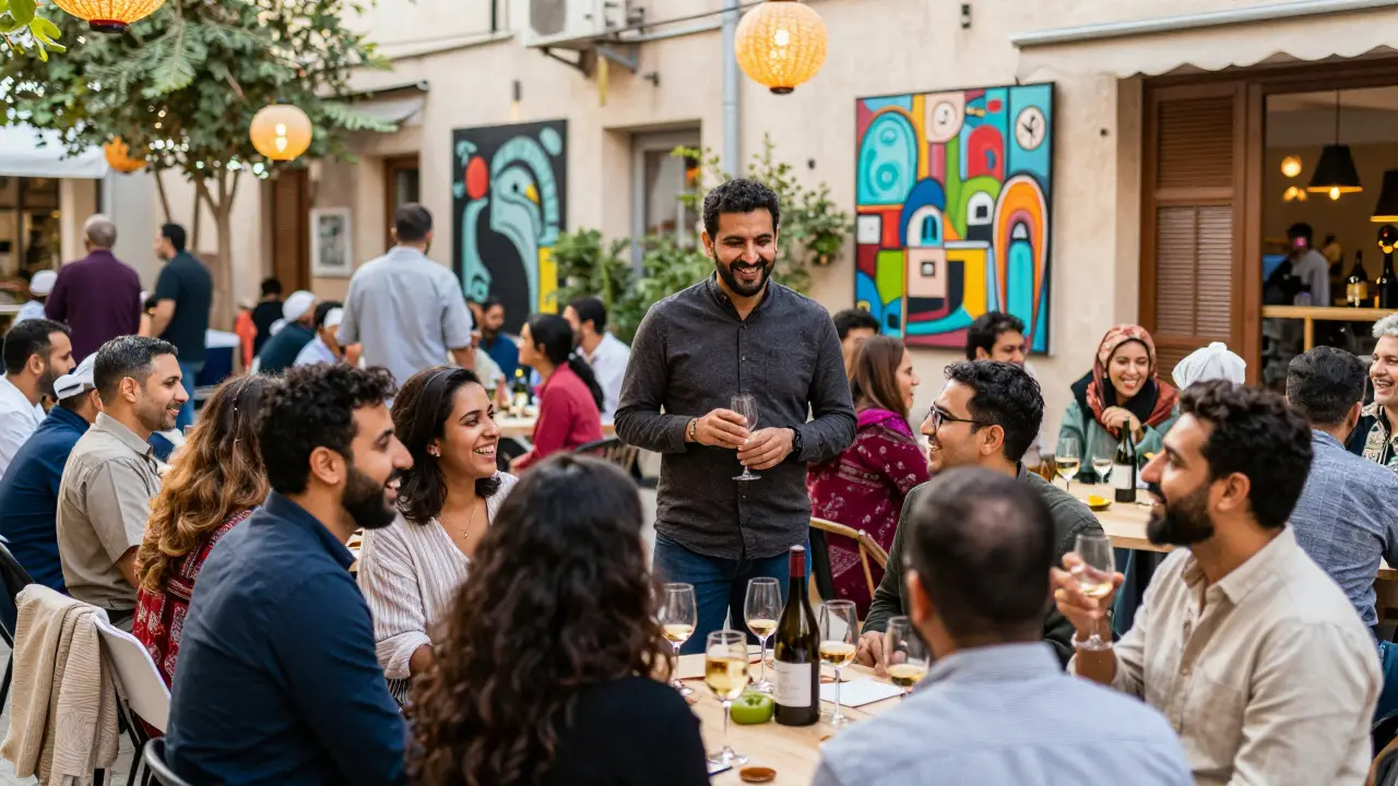 Diverse people laughing and socializing at a lively outdoor wine-tasting event in Alserkal Avenue.