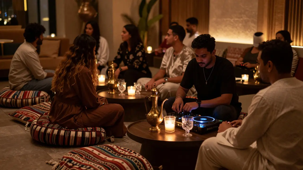 Elegant lounge inside Emirates Palace blending traditional Arabic decor with modern DJ beats and candlelit ambiance.