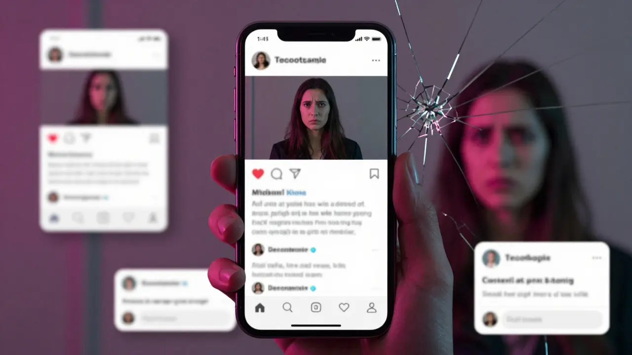 Fake escort profiles on a phone screen with cryptocurrency payment demands reflected in a cracked mirror.