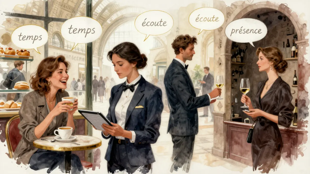 Four diverse Parisian companions are shown in a fragmented artistic composition, each engaged in quiet, meaningful moments.