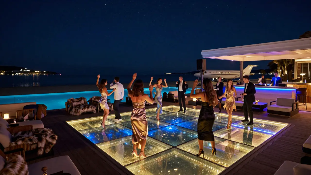 Glass dance floor at Club 55 illuminated at night with guests dancing on a beachside nightclub under stars.