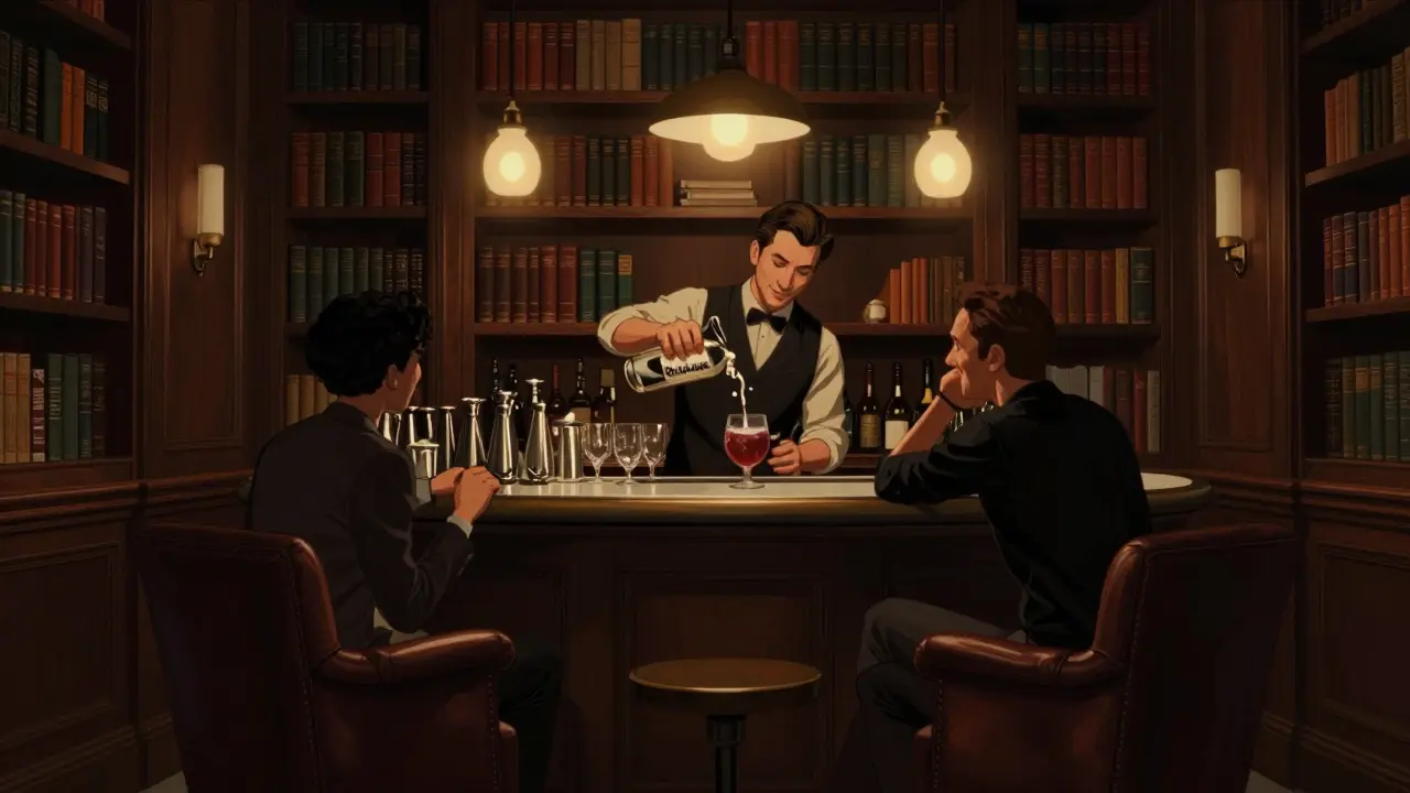 Hidden library bar with bookshelves, leather chairs, and bartender pouring a smoky cocktail.