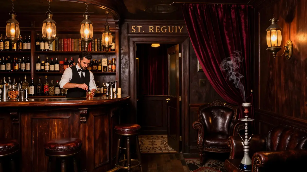 Hidden speakeasy bar with mixologist preparing cocktails in warm, dim lighting
