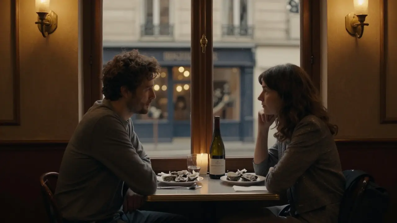 Intimate dinner at a cozy Parisian bistro with candles, oysters, and wine under soft ambient light.