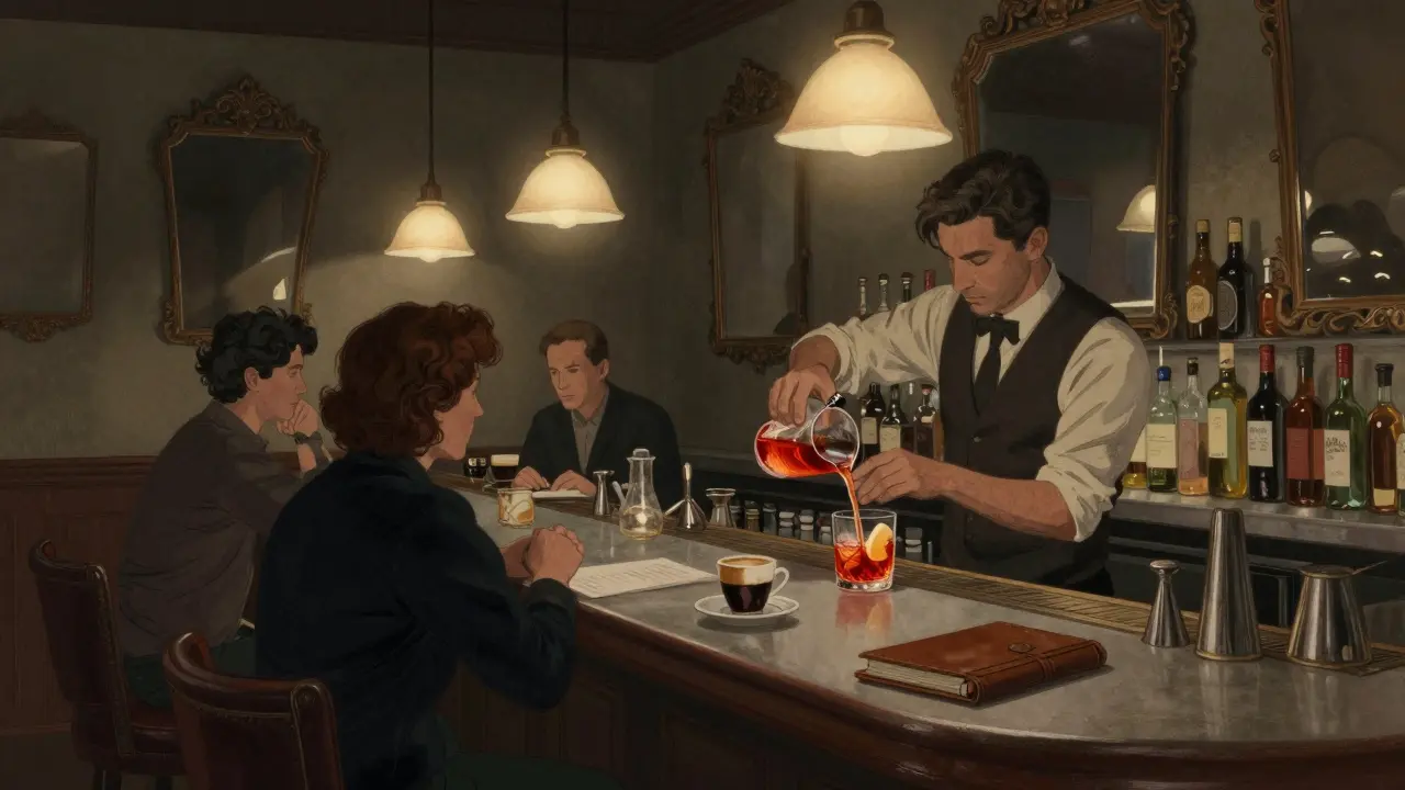 Intimate interior of Bar Basso with a bartender pouring a classic cocktail in dim, elegant lighting.