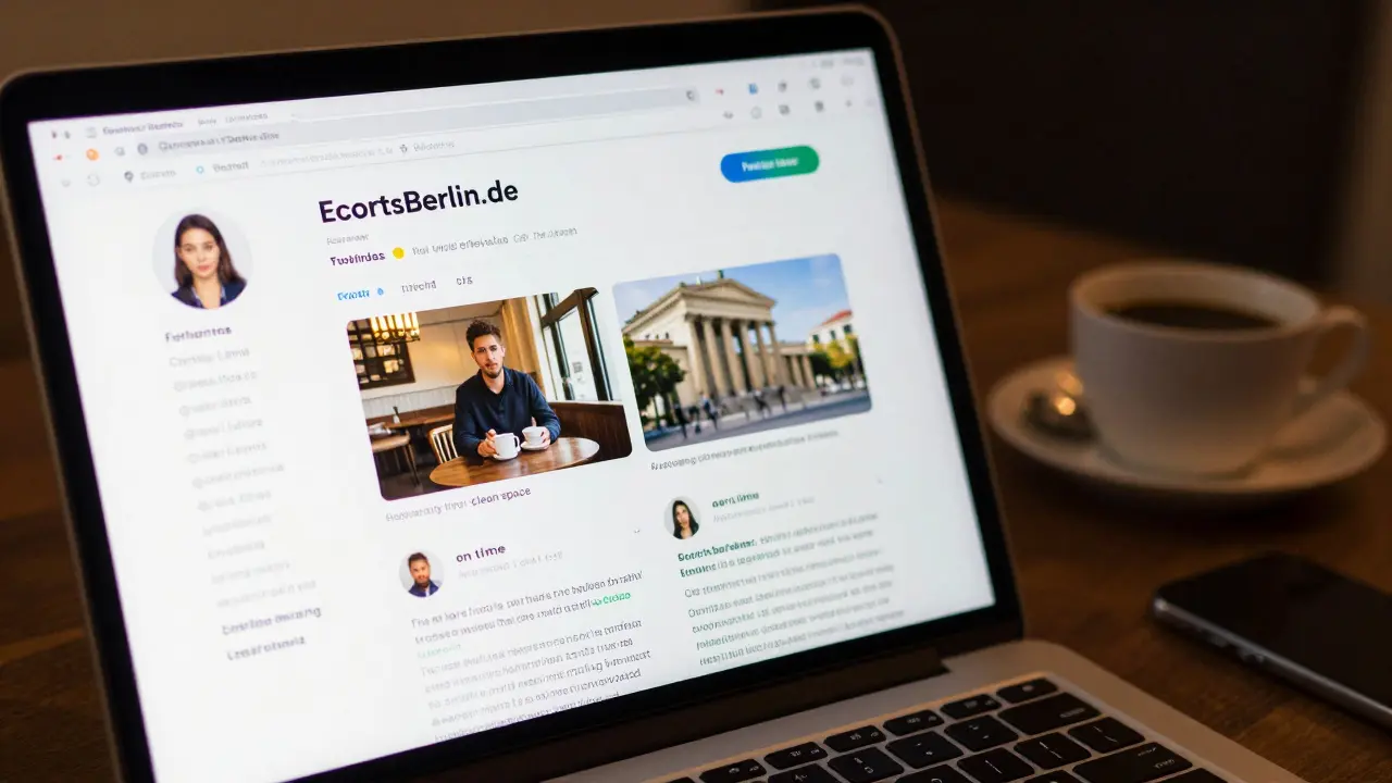 Laptop screen showing a verified escort profile with public photos and positive reviews on EscortsBerlin.de.