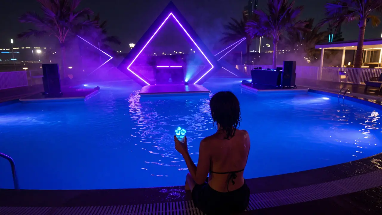 Neon-lit pool with glowing drinks and rippling water under a DJ booth, creating a vibrant aquatic scene.