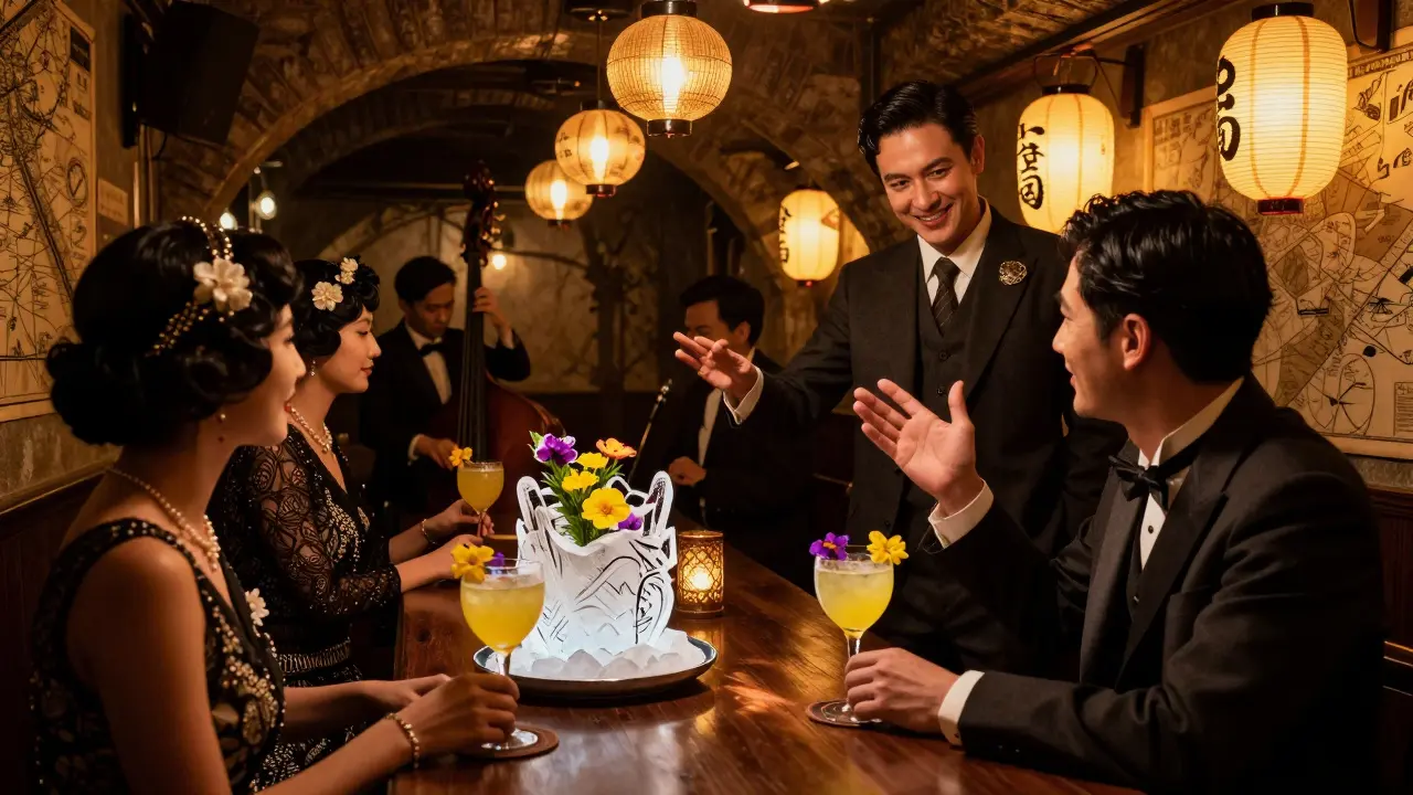 Nightjar’s Tokyo Noir theme with guests sipping yuzu cocktails under lantern light and live jazz.