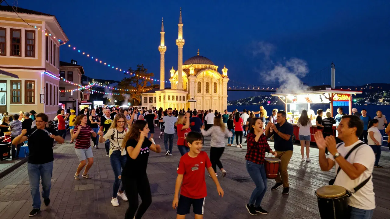Ortaköy Square street party with people dancing under lights, bridge and mosque glowing in the background.