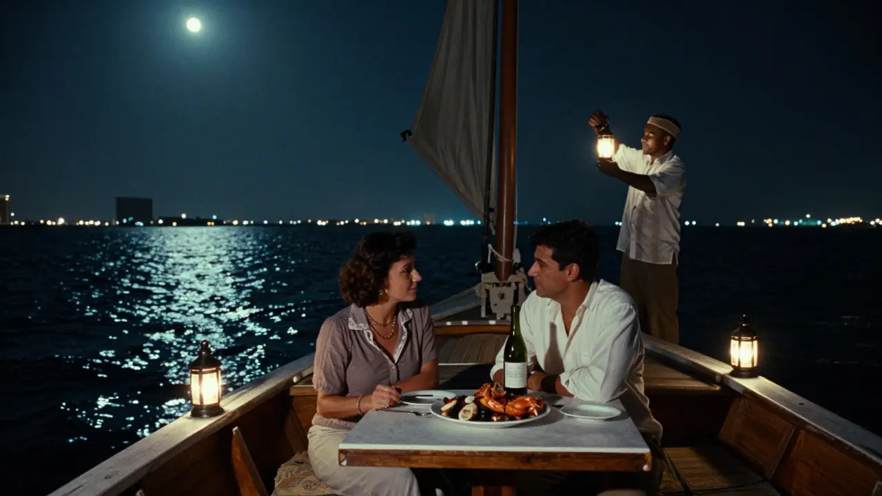 Private dhow cruise at midnight with couple under lanterns, city lights on dark water.