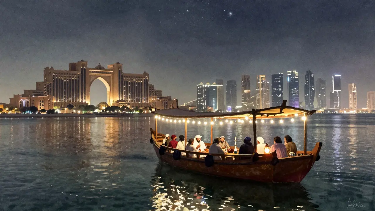 Quiet dhow cruise at night along Abu Dhabi's waterfront, lit by lanterns, reflecting city lights on calm water.