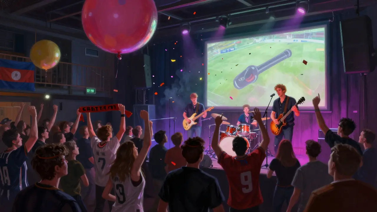 Rock concert in a sports bar with crowd dancing, football chants mixed with music, neon lights.