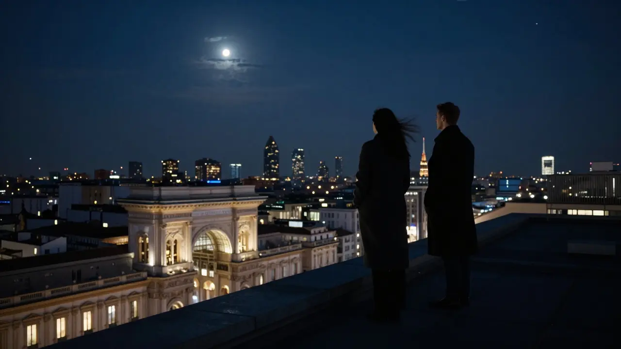 Silhouettes on a Milan rooftop at midnight, city lights glowing below in peaceful quiet.