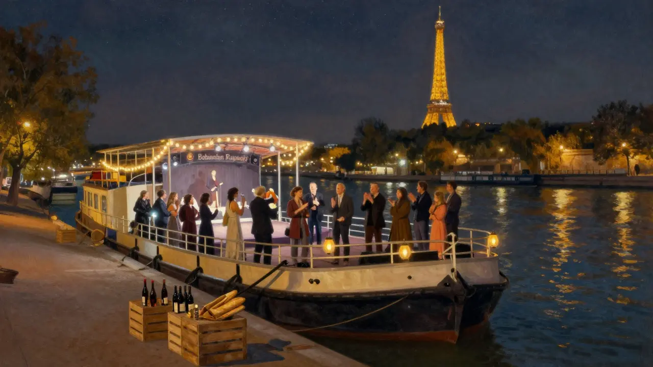 Tourists performing on a boat bar docked on the Seine at night, with the Eiffel Tower glowing in the distance.