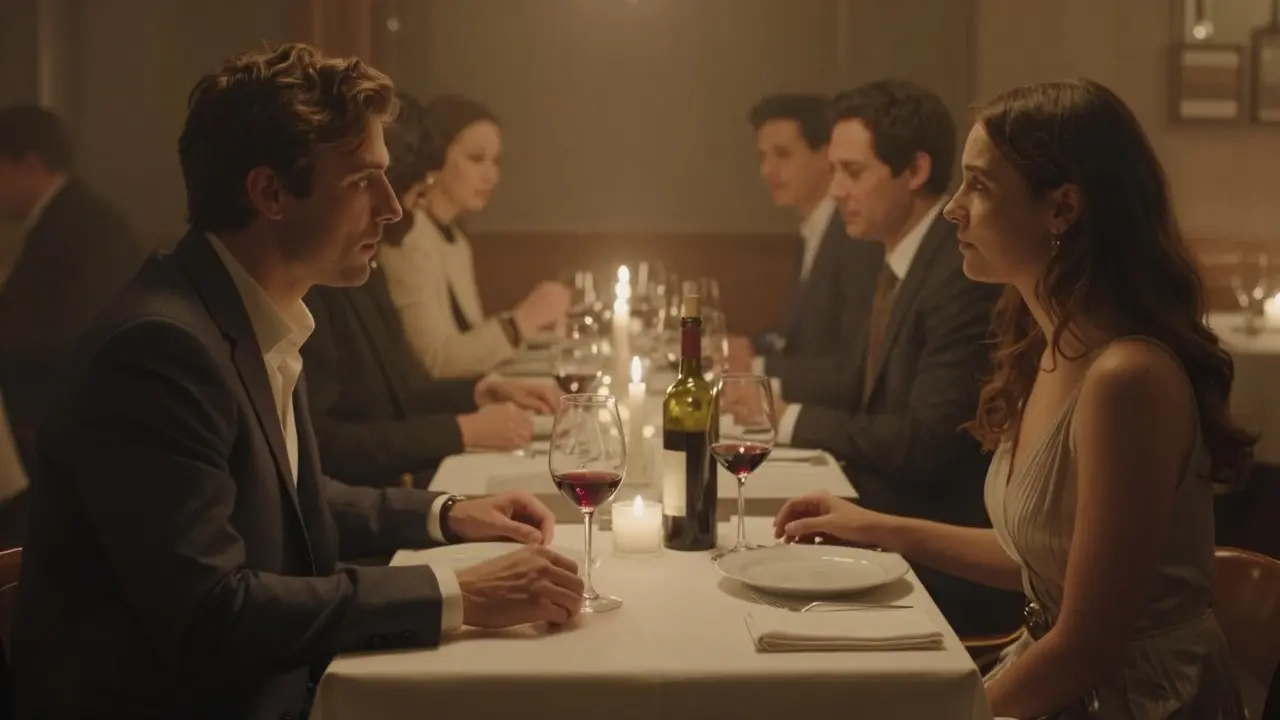 Two anonymous figures share a quiet dinner in a Berlin restaurant, engaged in deep conversation under soft candlelight.