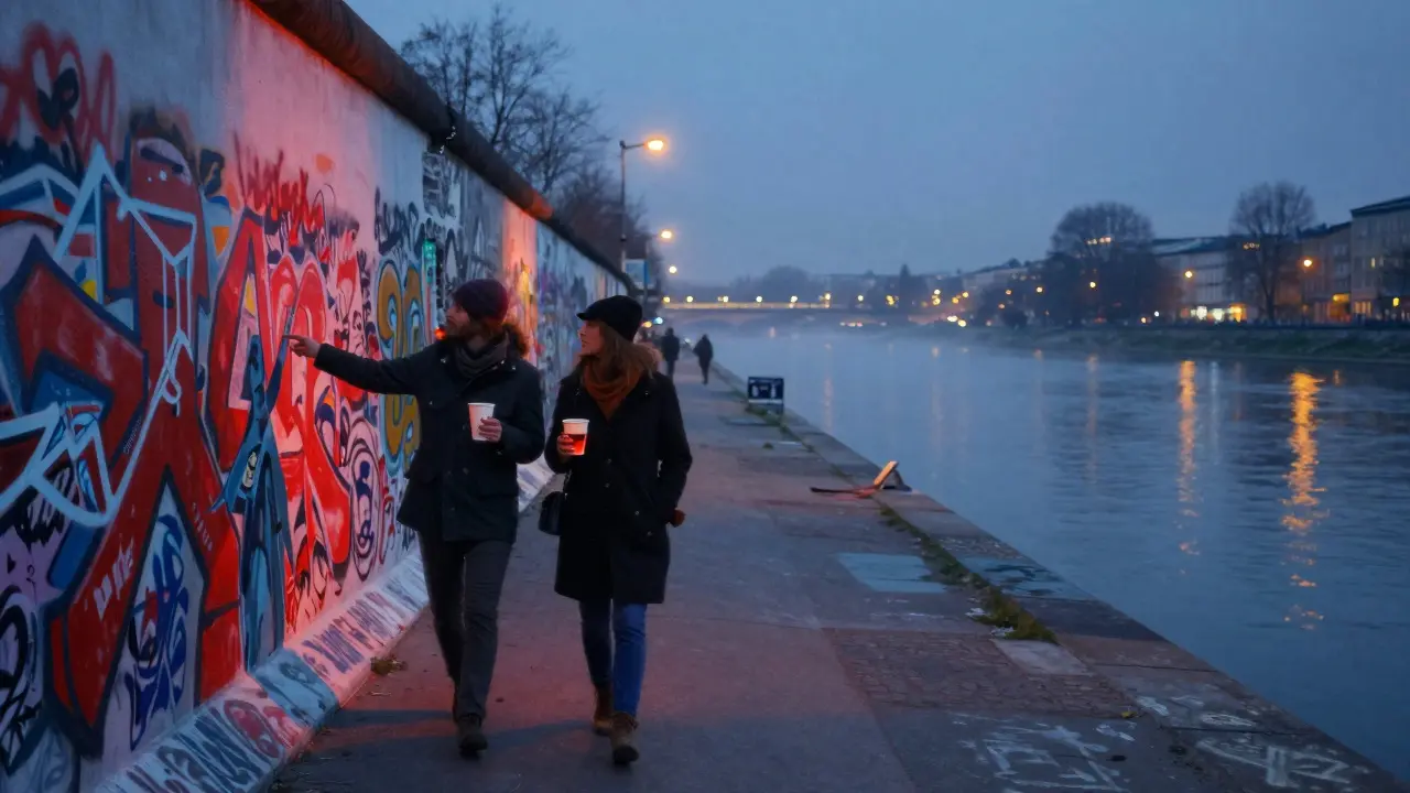 Two figures walking along the Spree River at twilight, graffiti walls glowing behind them under streetlights.