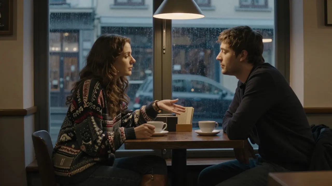 Two people sit across from each other in a cozy Berlin bookstore cafe, one speaking with eyes closed, the other listening with gentle presence.