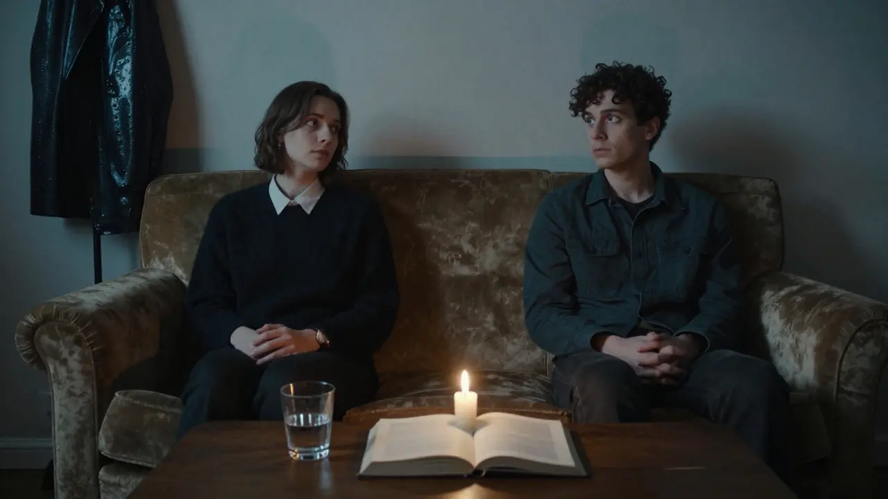 Two people sit silently together, their postures subtly mirrored in a cozy Berlin apartment.